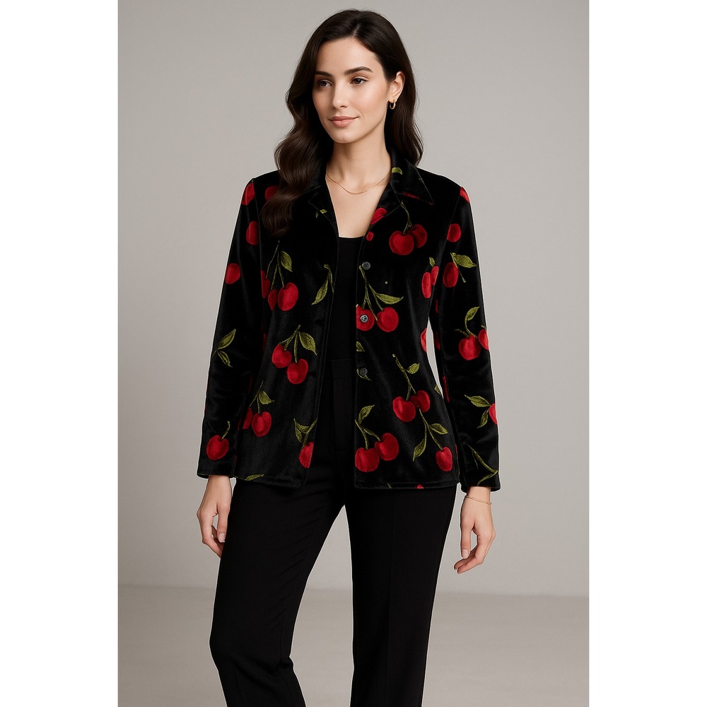 Quacker Factory Jacket Womens M Black Velvet‎ Plush Cherry Embellished Blazer